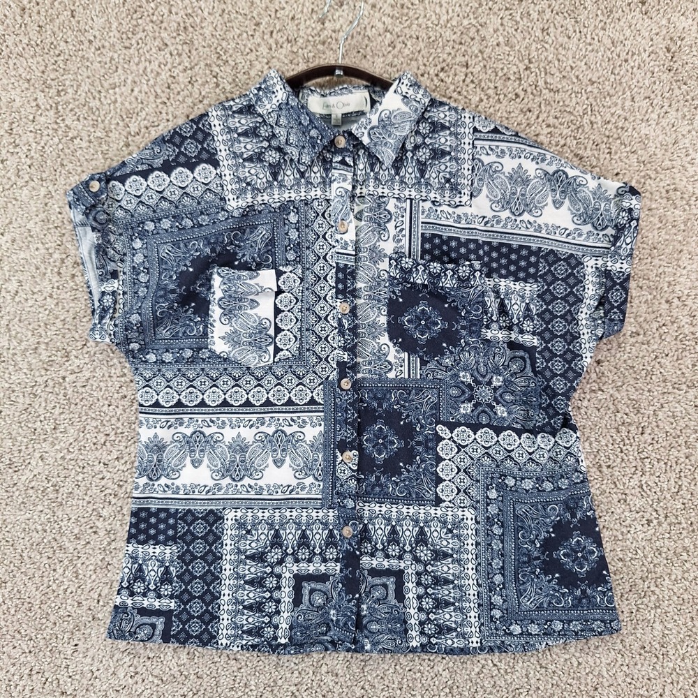 Eden & Olivia Button Up Women S Blue Paisley Patchwork Boho Chic